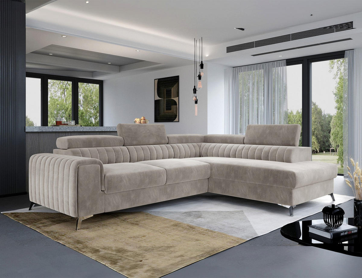 ECKSOFA Laurence mit Schlaffunktion & Bettkasten – 278 x 205 cm, verstellbare Kopfstützen - Beige, Kunststoff (278/205cm) - Wohnideebilder