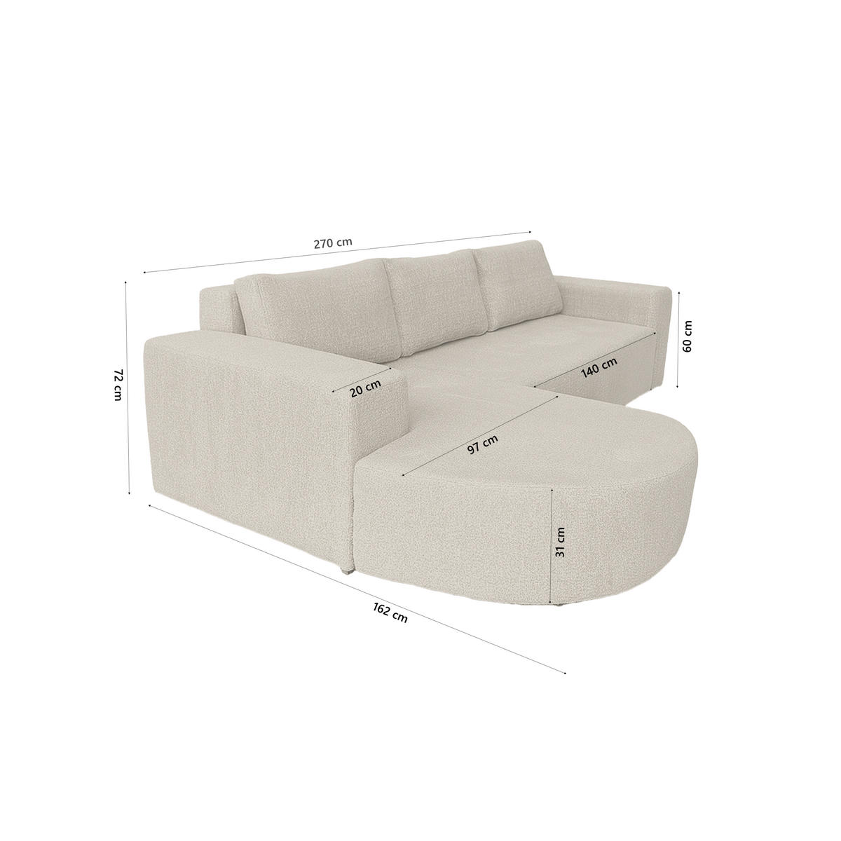 ECKSOFA Tolga mit Schlaffunktion, Taupe - Greige, Textil (162/270cm) - Fedve