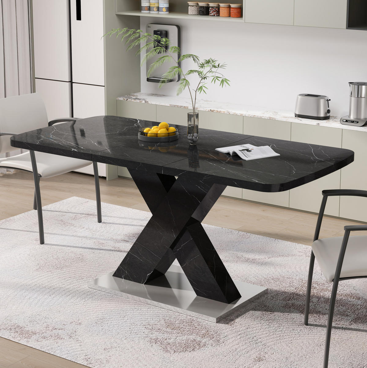 ESSTISCH 120-160/80/76,5 cm aus MDF und Stahl, ausziehbar mit schwarzer Marmoroptik, Schwarz - Schwarz, Holzwerkstoff (160/80/76.5cm) - Redom