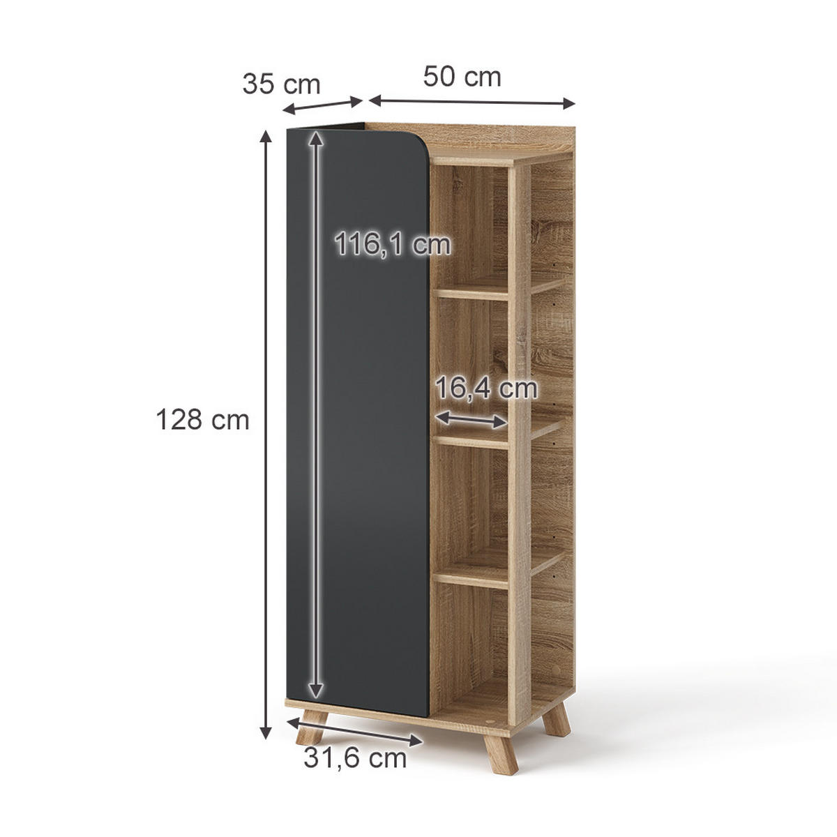 MIDISCHRANK Karen Anthrazit 50 x 128 cm mit Tür und offenen Fächern - Anthrazit/Sonoma Eiche, Holzwerkstoff (50/128/35cm) - Vicco