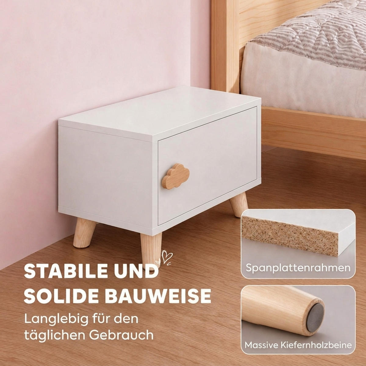 KINDER Nachttisch Spanplatte Kiefernholz Weiß - Weiß/Kieferfarben, Holz/Holzwerkstoff (31/25/34cm) - AIYAPLAY