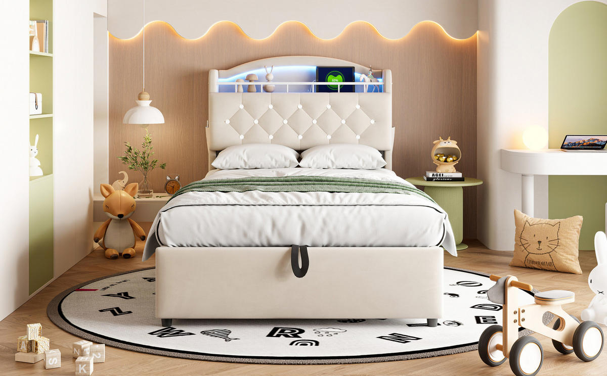 POLSTERBETT 90/200 cm Beige aus Samt mit Stauraum - Beige, Textil (90/200cm) - OKMYHOME