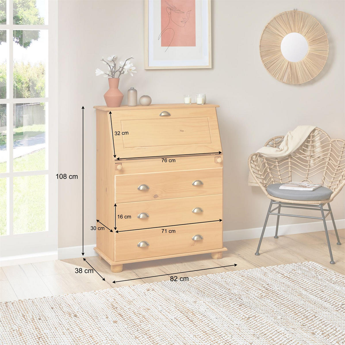 SEKRETÄR GOMES - Kieferfarben, Holz (38/82/108cm) - IDIMEX