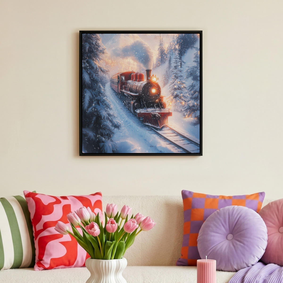 LEINWAND Bilder mit Rahmen - Weihnachtszug - Schnee - Winter - Weihnachten - 50x50 - Dunkelrot, Textil (50/50cm) - MuchoWow