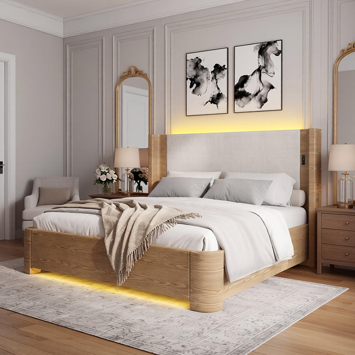 STAURAUMBETT 180/200 cm DE-33076 mit LED und hydraulischem Stauraum Weiß - Beige, Holzwerkstoff (180/200cm) - ComfortXL