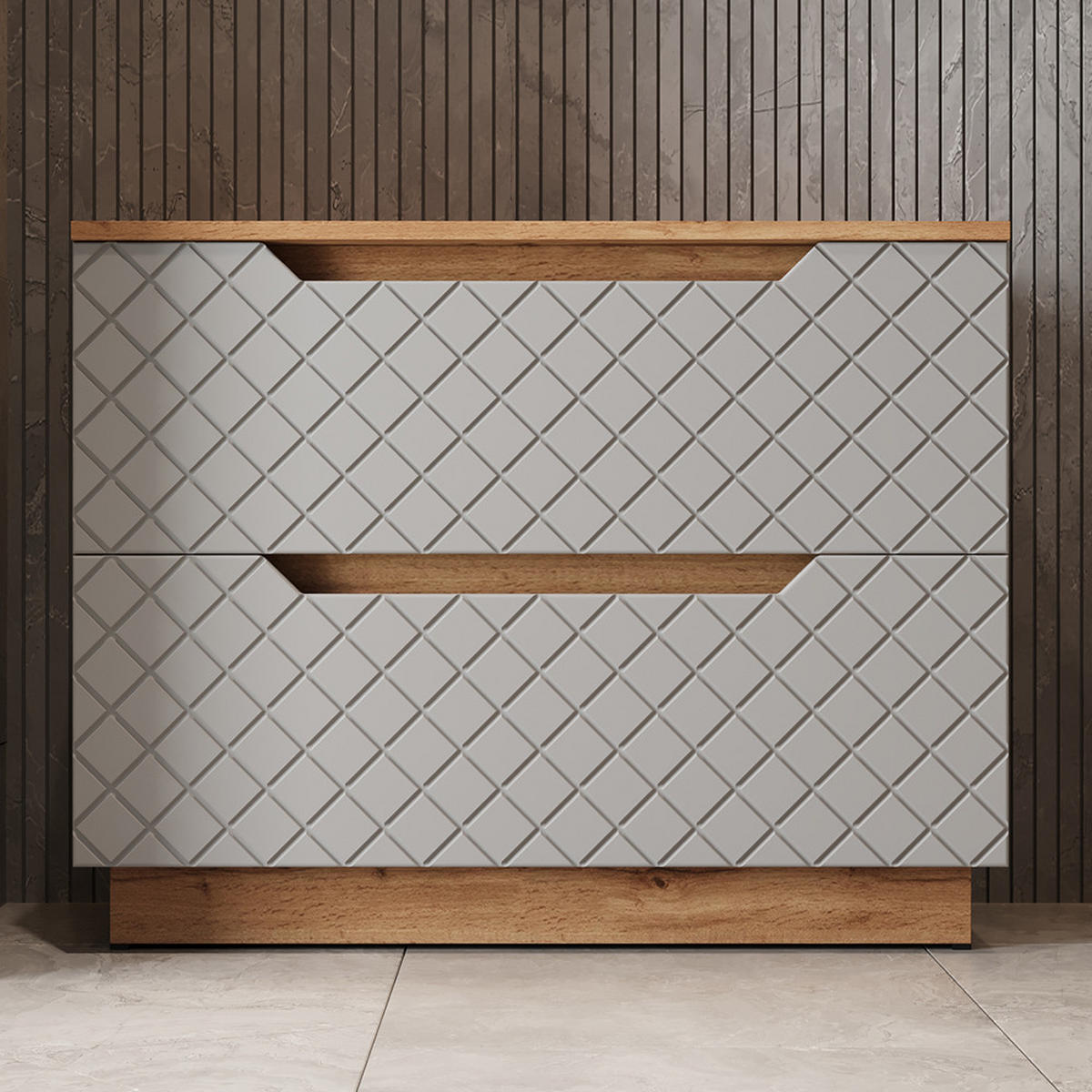 WASCHBECKENUNTERSCHRANK Lotta Eiche/Grau mit Kachelstruktur 79.6 x 62.5 cm mit 2 Schubladen - Eichefarben/Grau, Holzwerkstoff (79.6/62.5/32cm) - Vicco