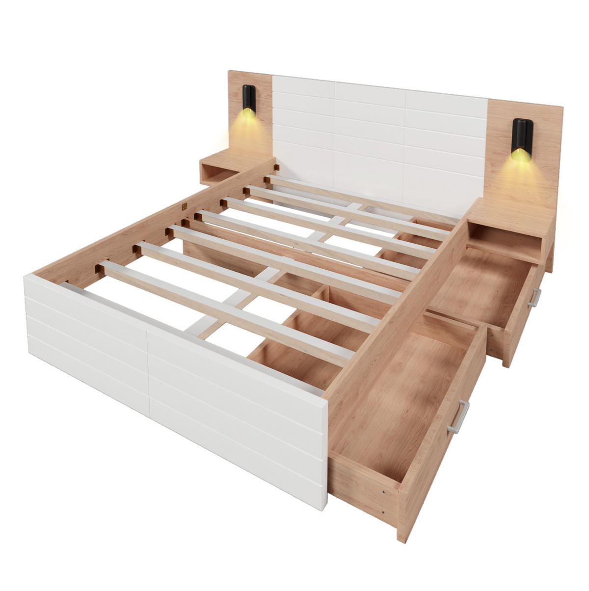 BETT 140/200 cm in Weiß/Eiche mit Leselicht, USB-Anschluss und 2 Schubladen - Weiß, Holzwerkstoff (140/200cm) - Flora Grace