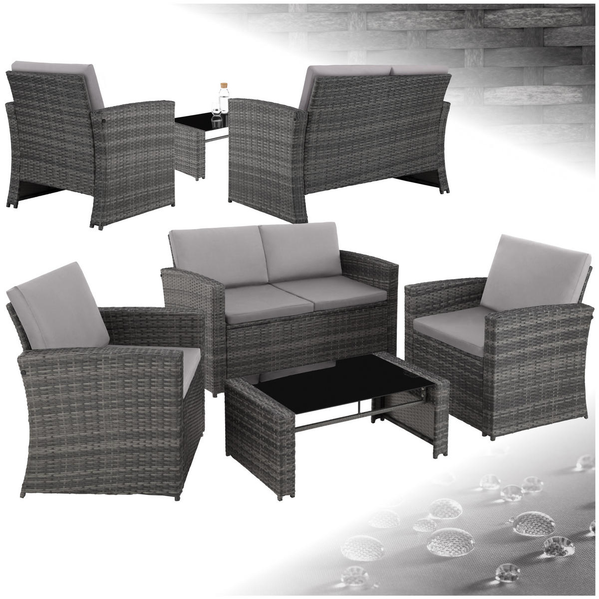 RATTANLOUNGE Jesolo,mit Sicherheitsglasplatte,grau/hellgrau - Grau, Kunststoff - tectake