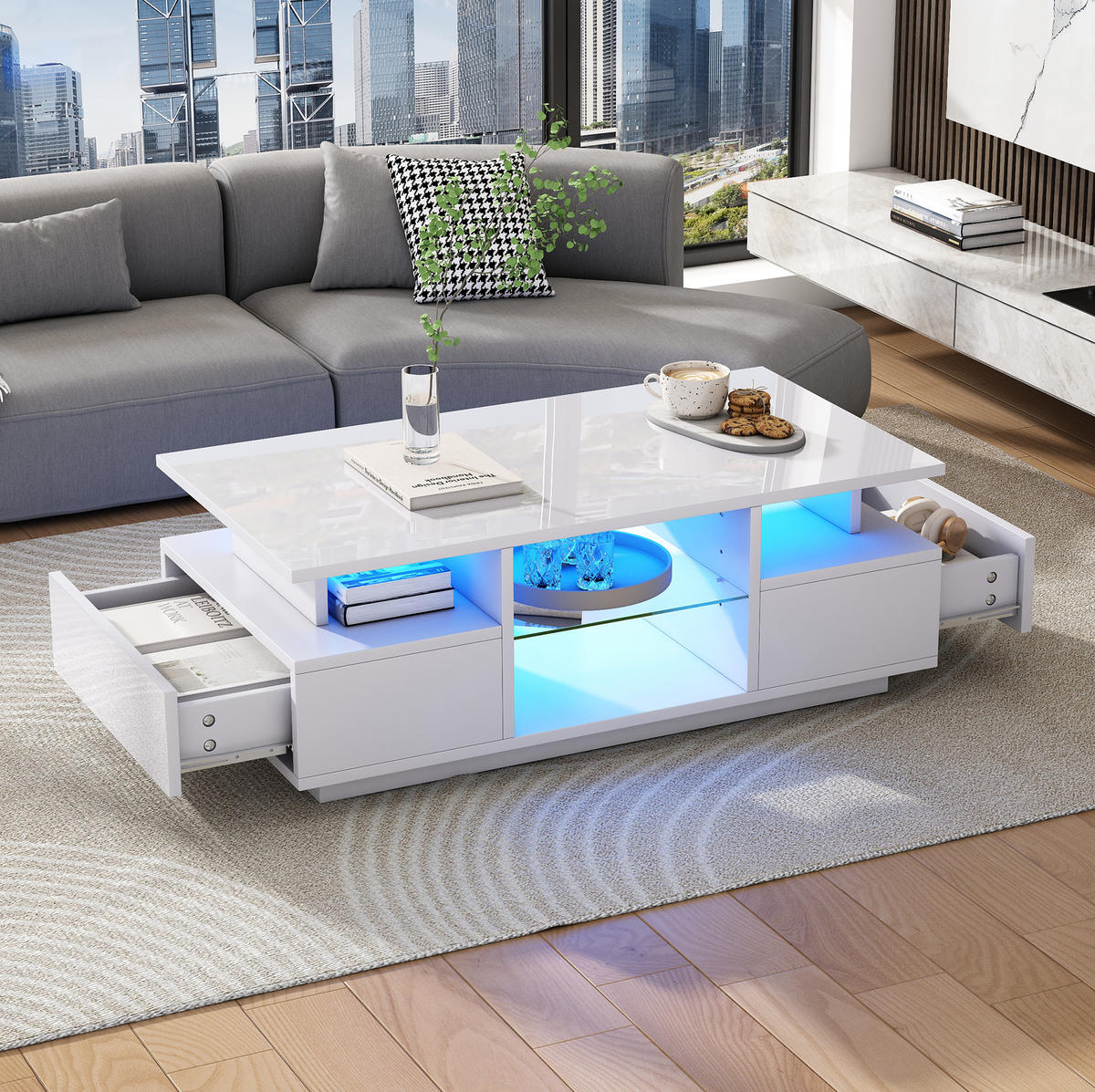 COUCHTISCH 100/50/36 cm mit 2 Schubladen, Glasablagen und LED-Beleuchtung in Hochglanz, Weiß - Weiß, Holzwerkstoff (100/50/36cm) - Redom