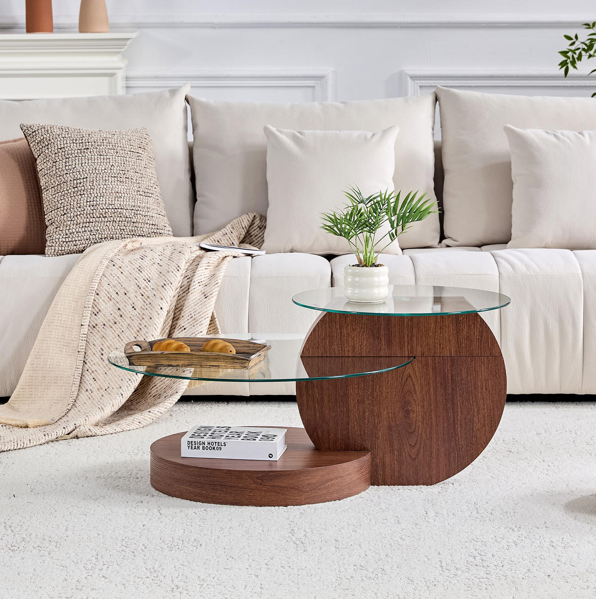 COUCHTISCH 70/70/44 cm mit mehrstufigen Ablagen und Sicherheitsglasplatte in Walnussoptik, Transparent/Walnuss - Walnussfarben, Holzwerkstoff (70/70/44cm) - Redom