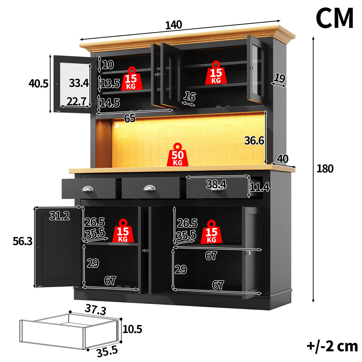 GESCHIRRSCHRANK Schwarz 140/40/180 - Schwarz, Holzwerkstoff (140/180/40cm)