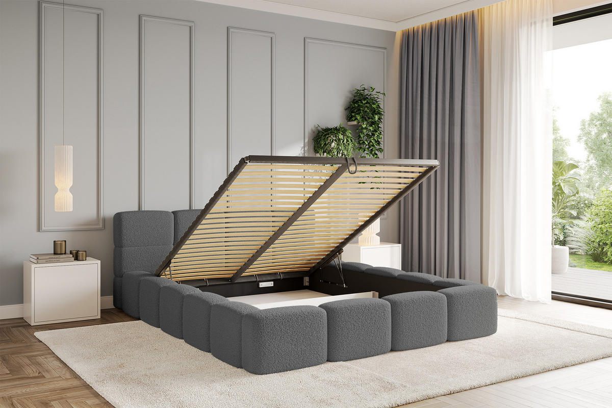 POLSTERBETT mit Bettkasten und Lattenrost, Bett mit Matratze H3/H4, Kopfteil, Boxbett, Doppelbett mit Stauraum - NATA-v1 160x200 Grau - Grau, Holzwerkstoff/Textil (160/200cm) - ALTDECOR