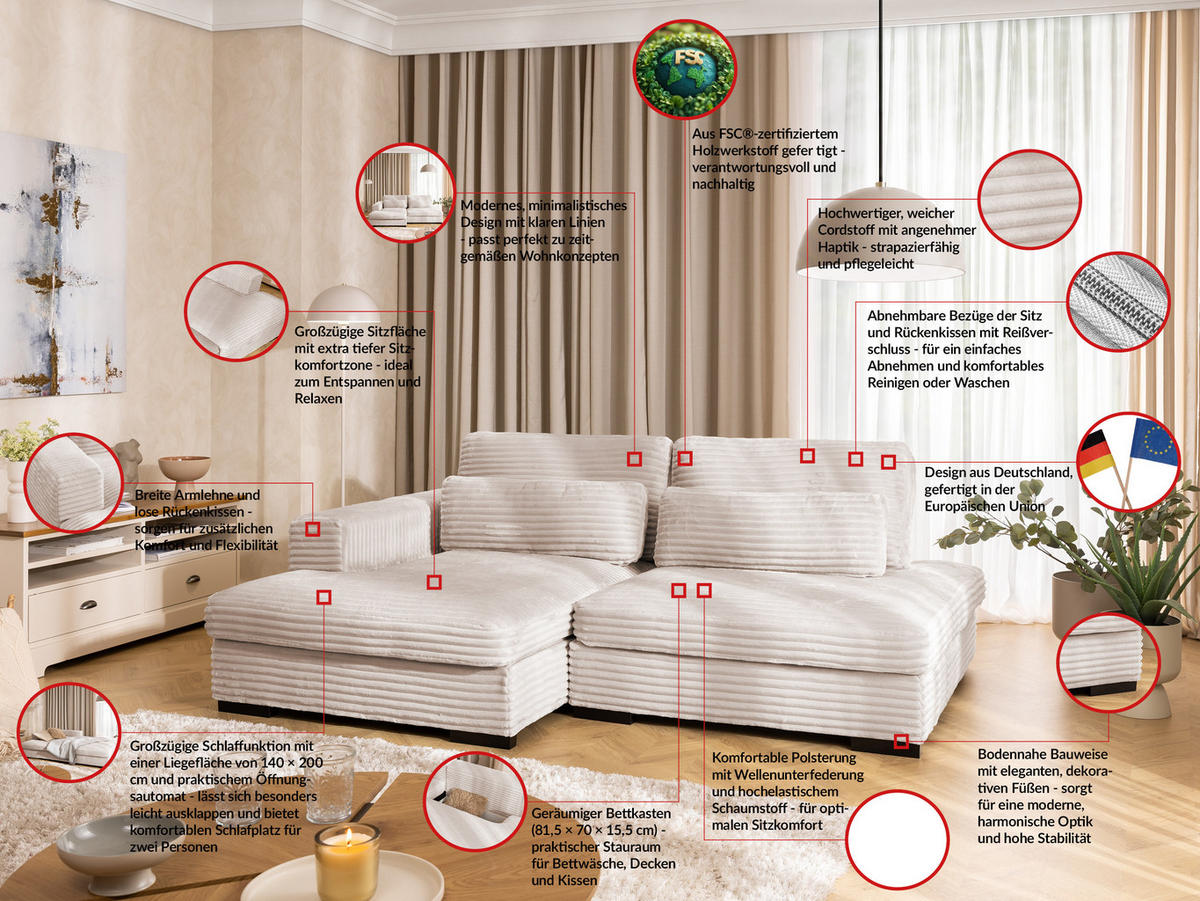 ECKSOFA Wolke mit tiefer Sitzfläche, Schlaffunktion und praktischem Bettkasten aus weichem Hellbeige Cordstoff - Beige/Schwarz, Holz/Kunststoff (162/225cm) - S-Style