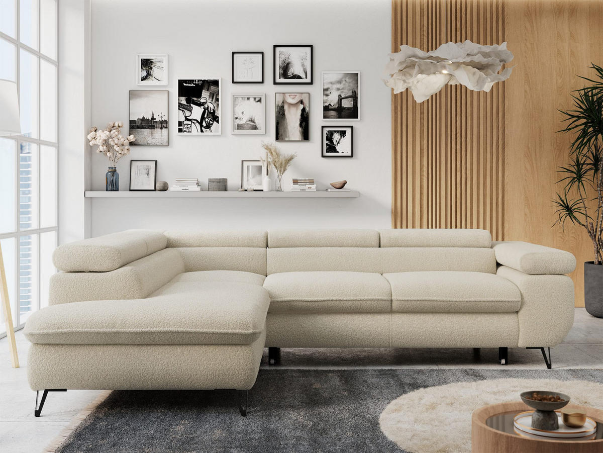 ECKSOFA PETER L Beige Boucle - Links Seite - Beige/Schwarz, Textil/Metall (208/273cm) - MKS