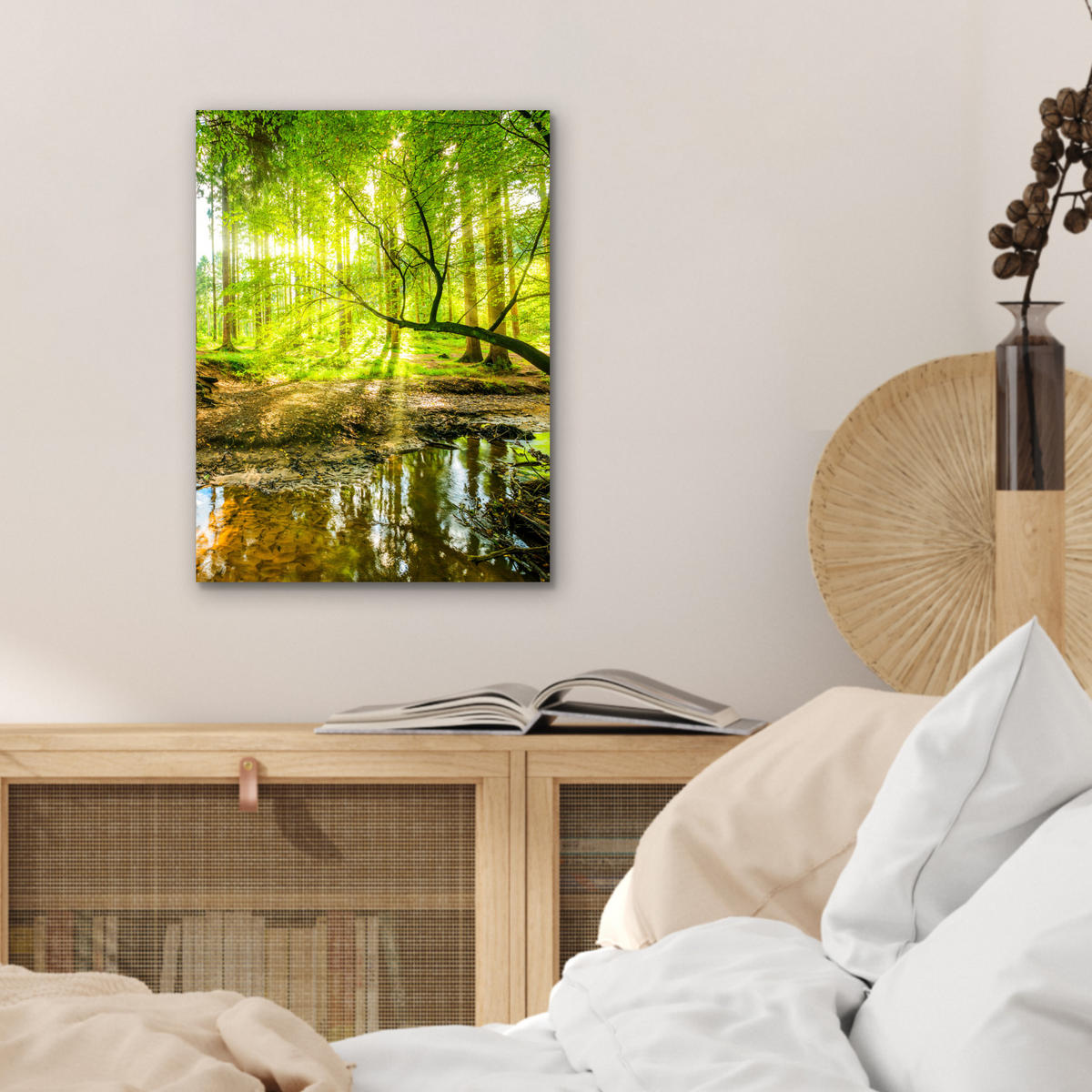 METALLBILD Wald - Landschaft - Wasser - Bäume - Sonne - Grün - Natur 30x40 cm - Grün, Metall (30/40cm) - MuchoWow