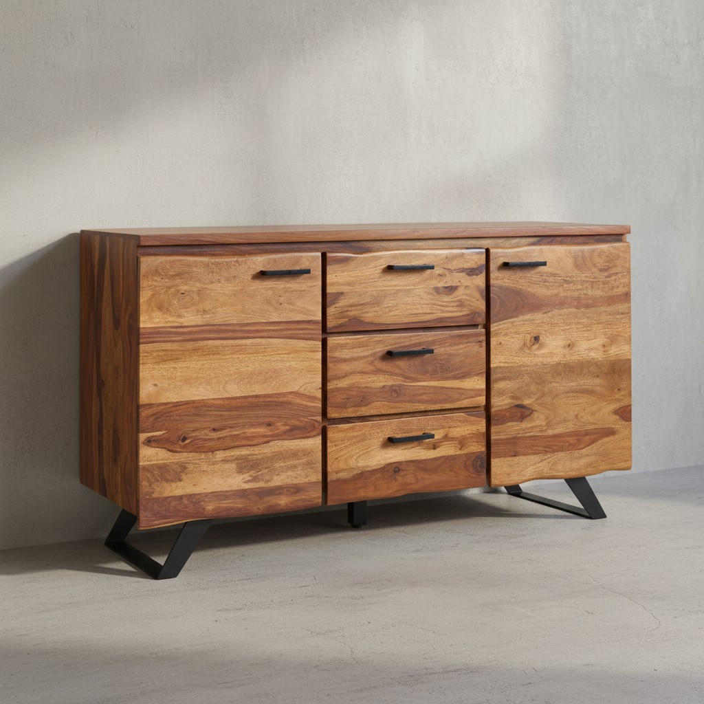 SIDEBOARD – Massivholz, 145x82x45 cm, mit Baumkante, Metallgestell - Schwarz/Braun, Holz/Metall (145/82/45cm) - KADIMA DESIGN