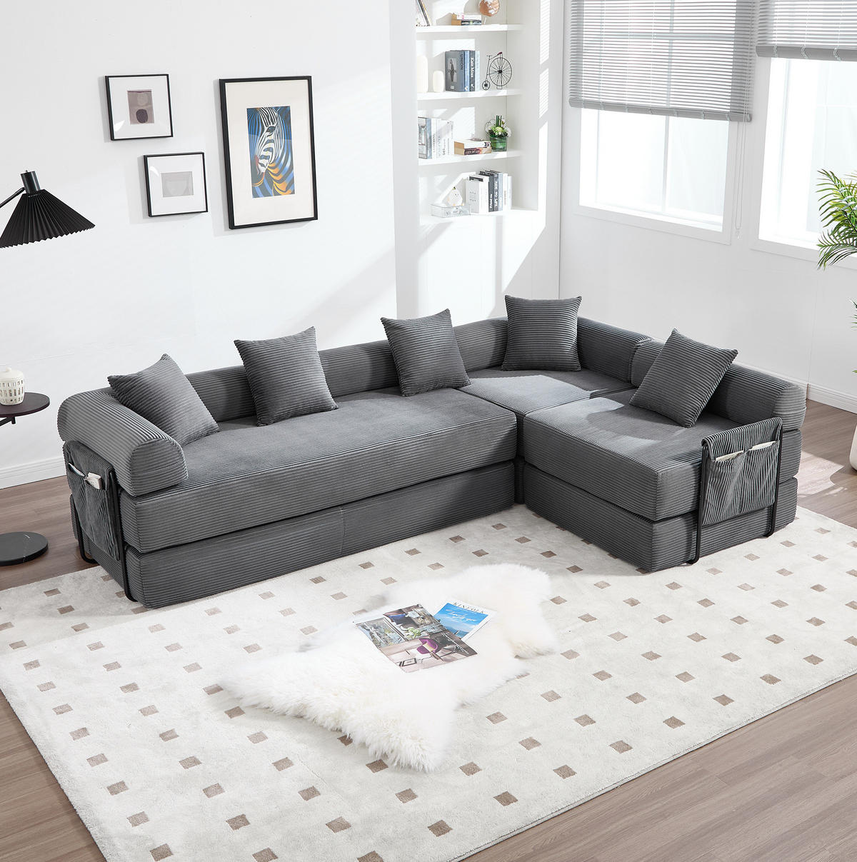 MODULARES Sofa 270/180/64 cm aus Cord mit Schlaffunktion und Seitentasche Dunkelgrau - Dunkelgrau, Textil (180/64/270cm) - Modenvie