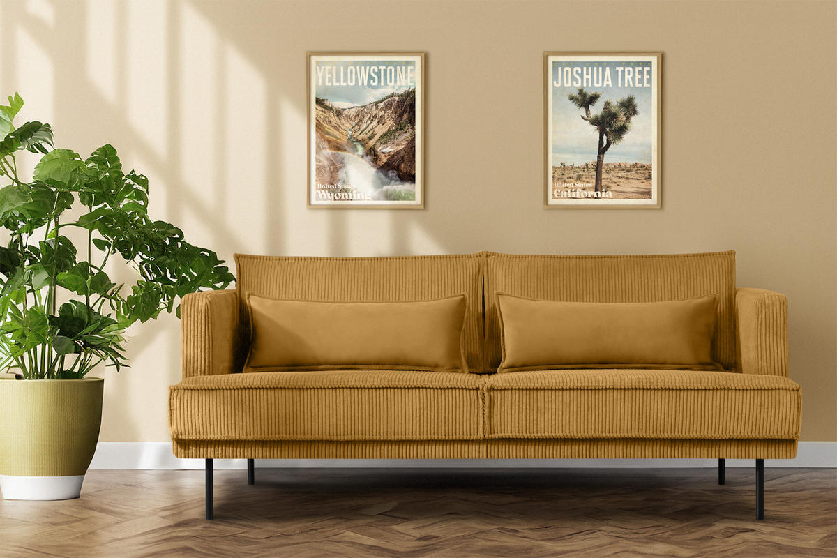 3-SITZER-SOFA GANZO 2 Kissen inklusive, Cord-Stoff, gelb - Gelb/Schwarz, Textil/Metall (193/84/92cm) - KONSIMO®