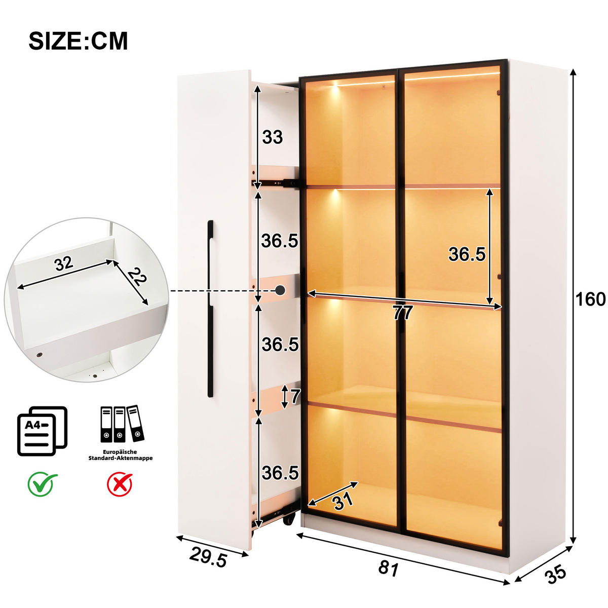 VITRÍNA z MDF 110,5x35x160 cm bílá s LED osvětlením, bočním výsuvem a tónovaným sklem - bílá, kompozitní dřevo (110.5/160/35cm) - Modfu