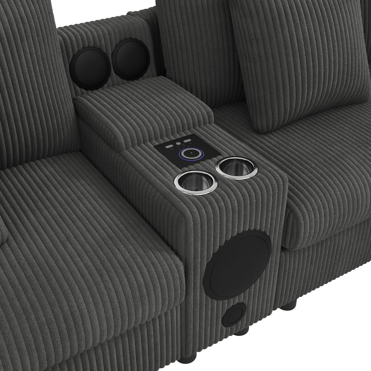 WOHNLANDSCHAFT Cord Grau mit Stauraum, Bluetooth, USB, Type-C und Getränkehaltern - Grau, Holzwerkstoff/Kunststoff (315.5/84.5/144cm) - WISHDOR