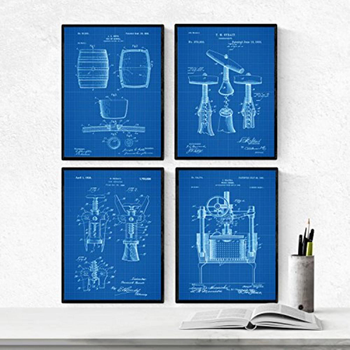 POSTER Set mit 4 Blau Patenten Wein A4 Rahmenlos - Klar, Papier (29.7/3cm) - Nacnic
