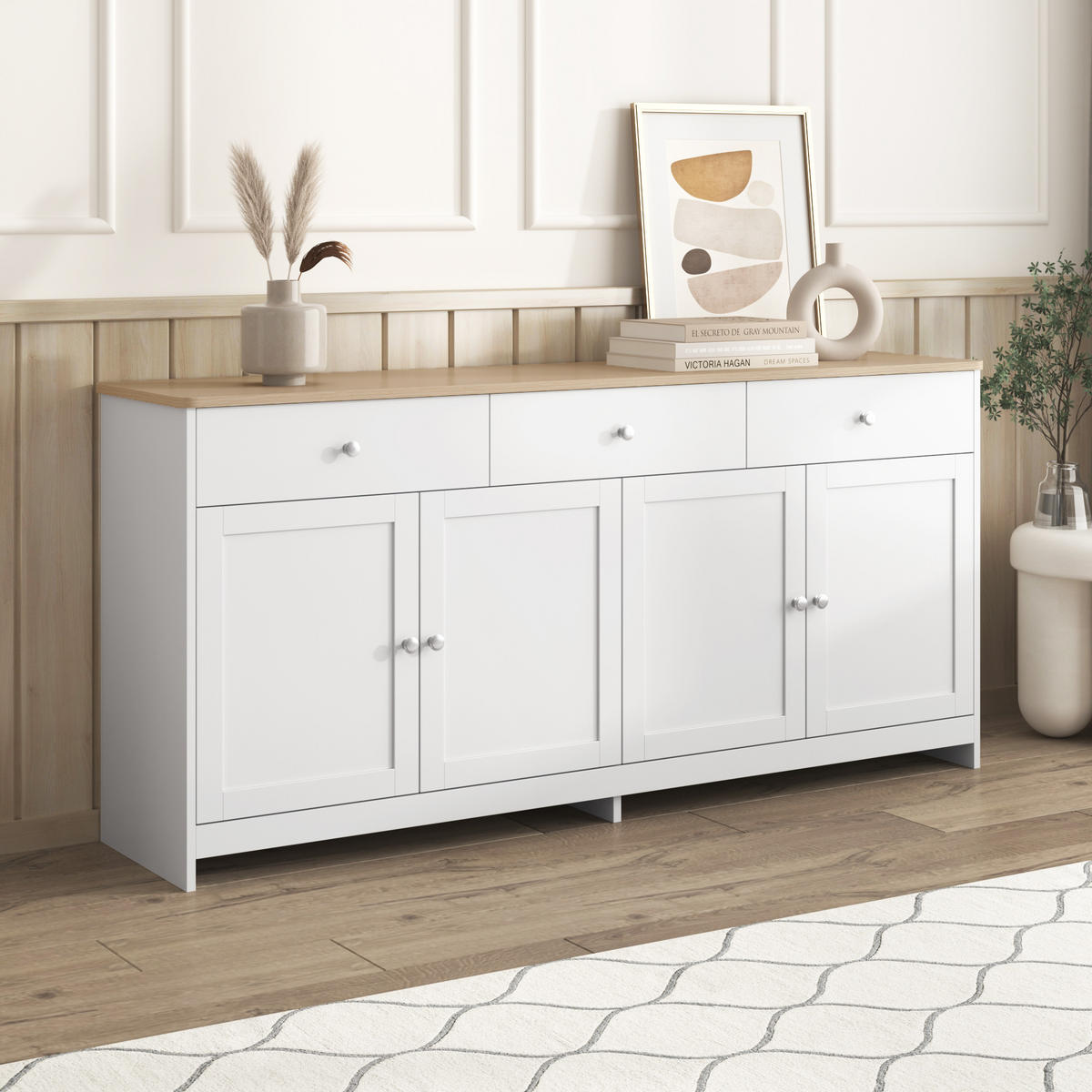 SIDEBOARD 160/37/75 cm, 3 Schubladen und 4 Türen, verstellbare Böden, MDF, Weiß und Holzfarbe - Weiß, Holzwerkstoff (160/75/37cm) - Redom