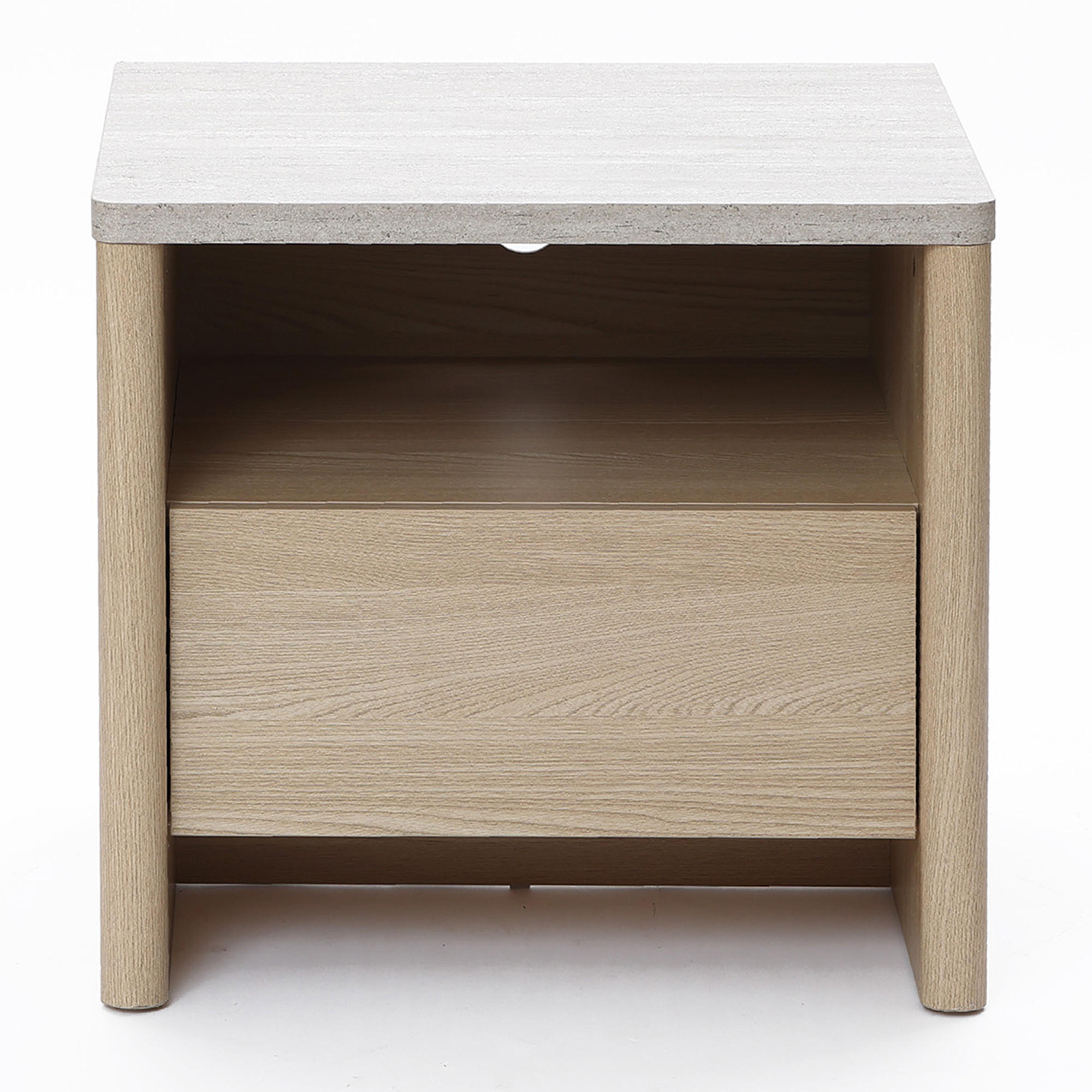 MODERNER Nachttisch mit Schnee-Eichenoptik, Schubladen & Kunst-Travertin-Platte | B53 x T45 x H50 cm - Braun, Holzwerkstoff (53/50/45cm) - Hometopia