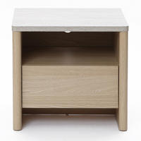 MODERNER Nachttisch mit Schnee-Eichenoptik, Schubladen & Kunst-Travertin-Platte | B53 x T45 x H50 cm - Braun, Holzwerkstoff (53/50/45cm) - Hometopia