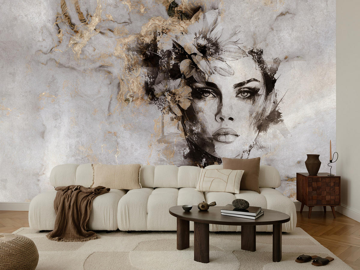 FOTOTAPETE für Wohnzimmer Frau Porträt Beton Blumen Modern 450x315 - Gelb/Beige, Papier (450/315cm) - Muralo