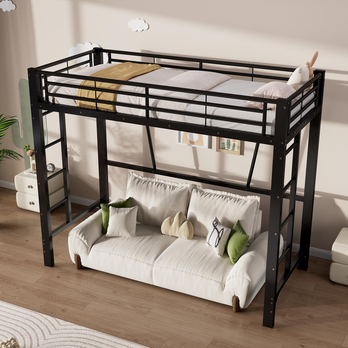 HOCHBETT 90/200 cm in Schwarz mit Doppelleiter und Schutzgeländern aus Metall - Schwarz, Metall (90/200cm) - STILVORA