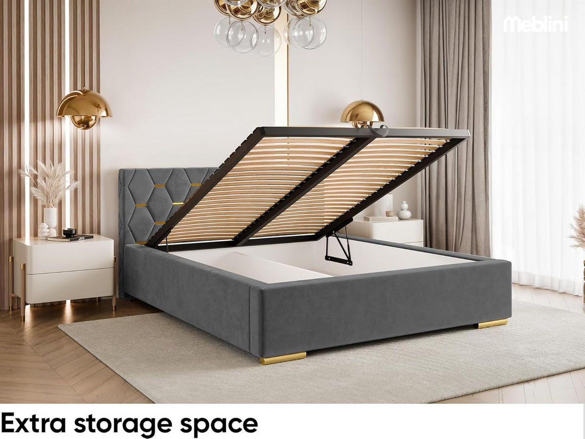 BETT VERSAL H3 - Dunkelgrau/Goldfarben, Holzwerkstoff (180/200cm) - Meblini