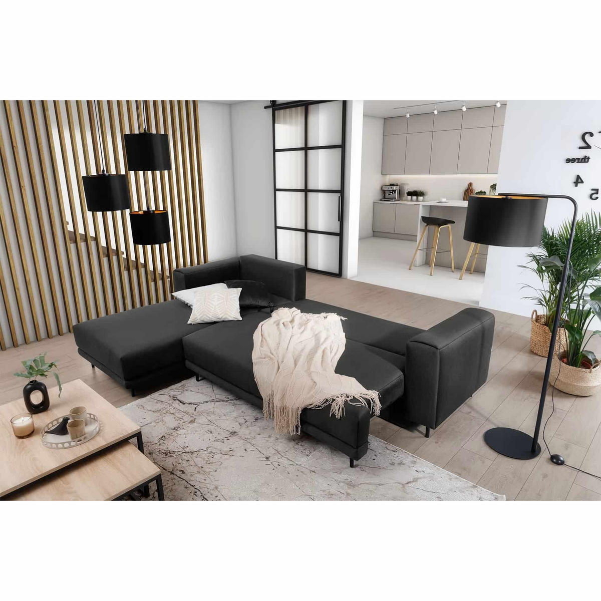 ECKSOFA mit Schlaffunktion und Bettkasten, Loco-Stoff - Dunkelgrau/Schwarz, Textil/Metall (289/190cm) - Eltap