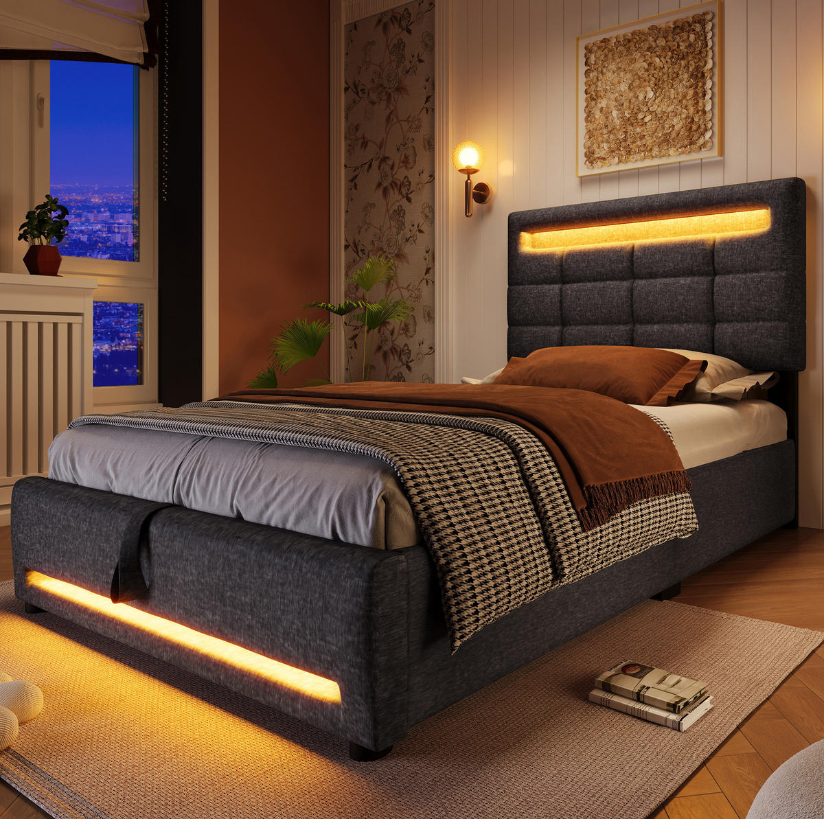 POLSTERBETT 90/200 cm mit LED-Beleuchtung, App-Steuerung, USB-Anschluss und hydraulischem Stauraum, Grau - Grau, Textil (90/200cm) - Redom