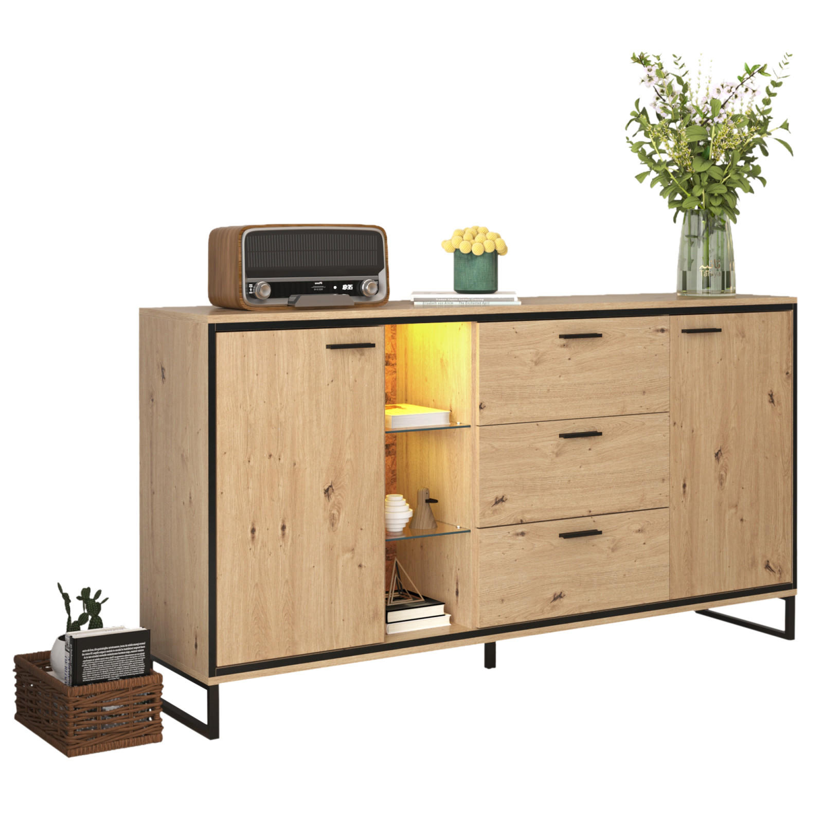 SIDEBOARD Naturfarben, 3 Schubladen, 2 Türen, verstellbarer Boden - Kastanienfarben, Holz (160/85/40cm)