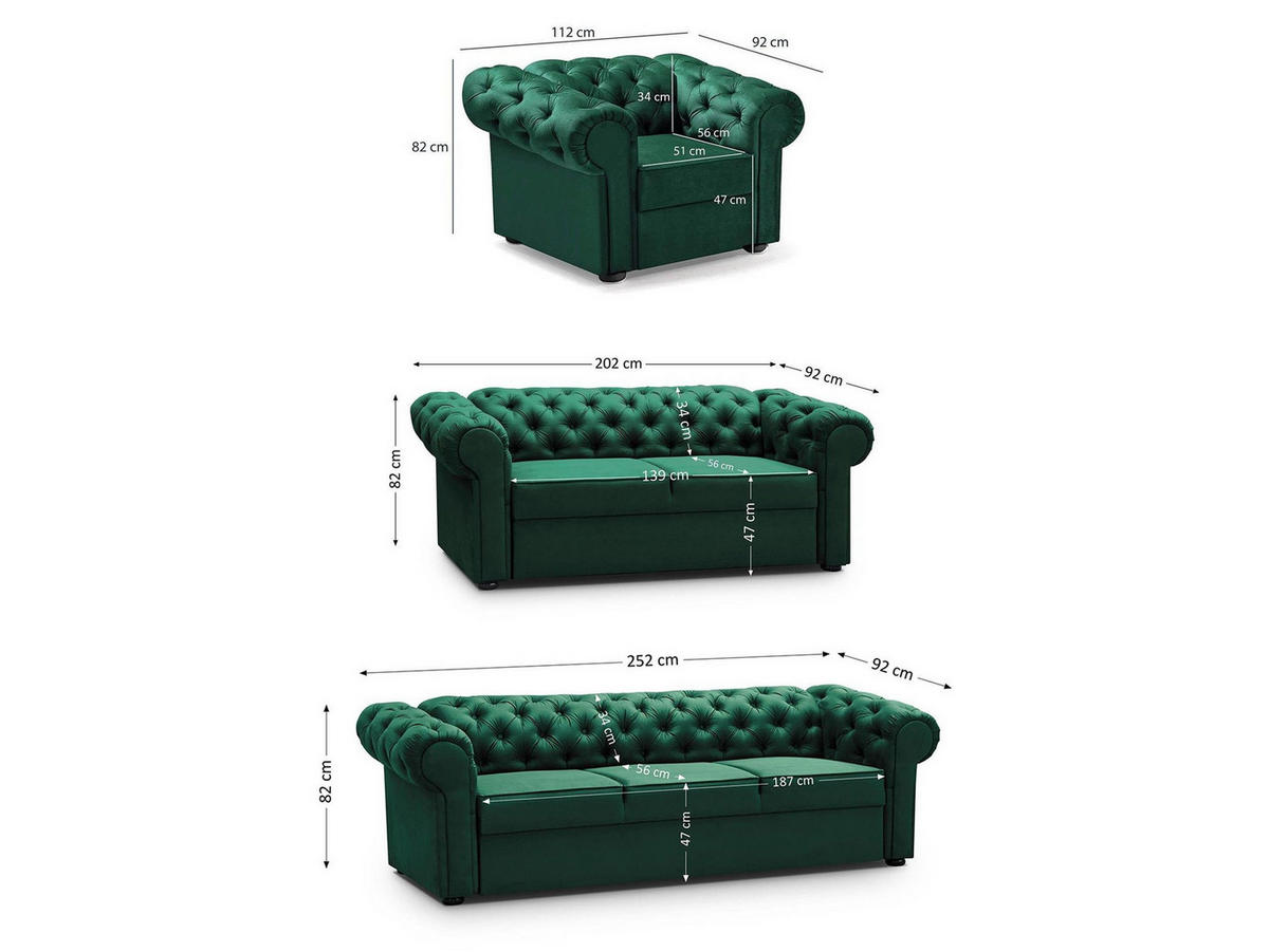 SITZGARNITUR Chester 3+2+1 im Chesterfield-Stil, Dunkelgrün - Dunkelgrün, Textil (252/82/92cm) - Beautysofa