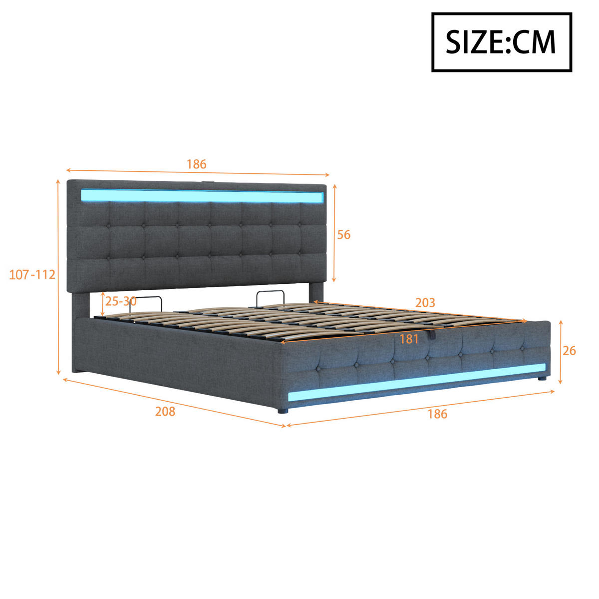 ČALOUNĚNÁ postel 180/200 cm šedá z lněné tkaniny s LED osvětlením a USB - šedá, textil (180/200cm) - OKWISH