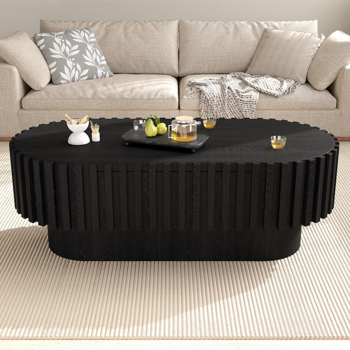 COUCHTISCH 100/50/35,5 cm mit Schublade und Lamellenoptik in Schwarz - Schwarz, Holzwerkstoff (50/100/35.5cm) - CHICFURN