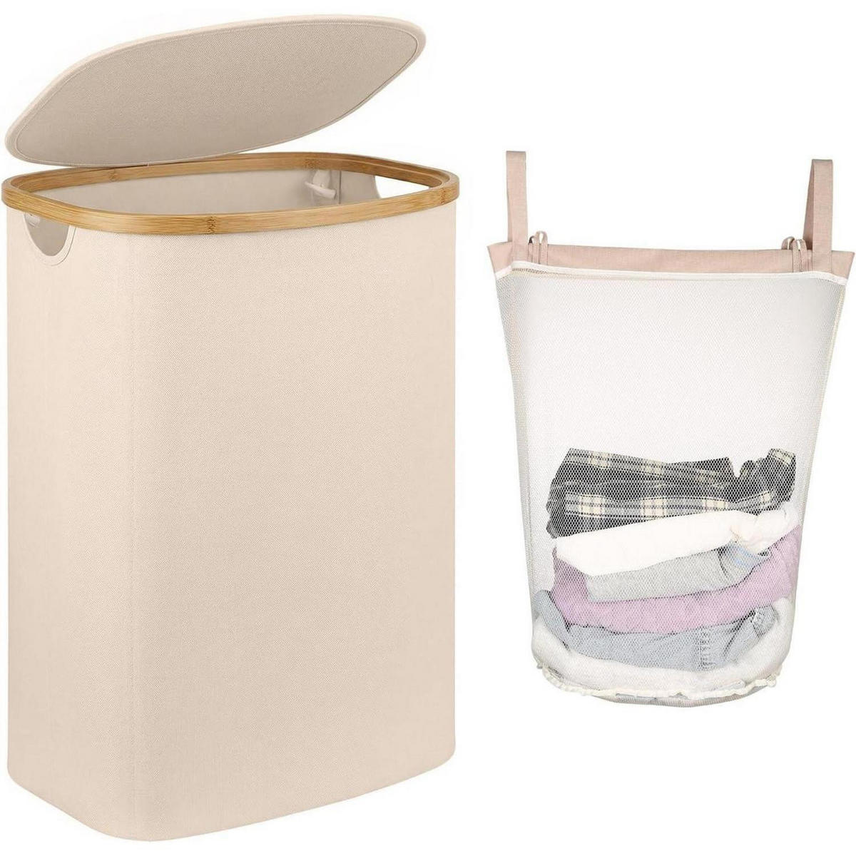 WÄSCHEKORB Bambus 80L mit Deckel und herausnehmbarem Beutel - Beige, Naturmaterialien (32/56/44cm)