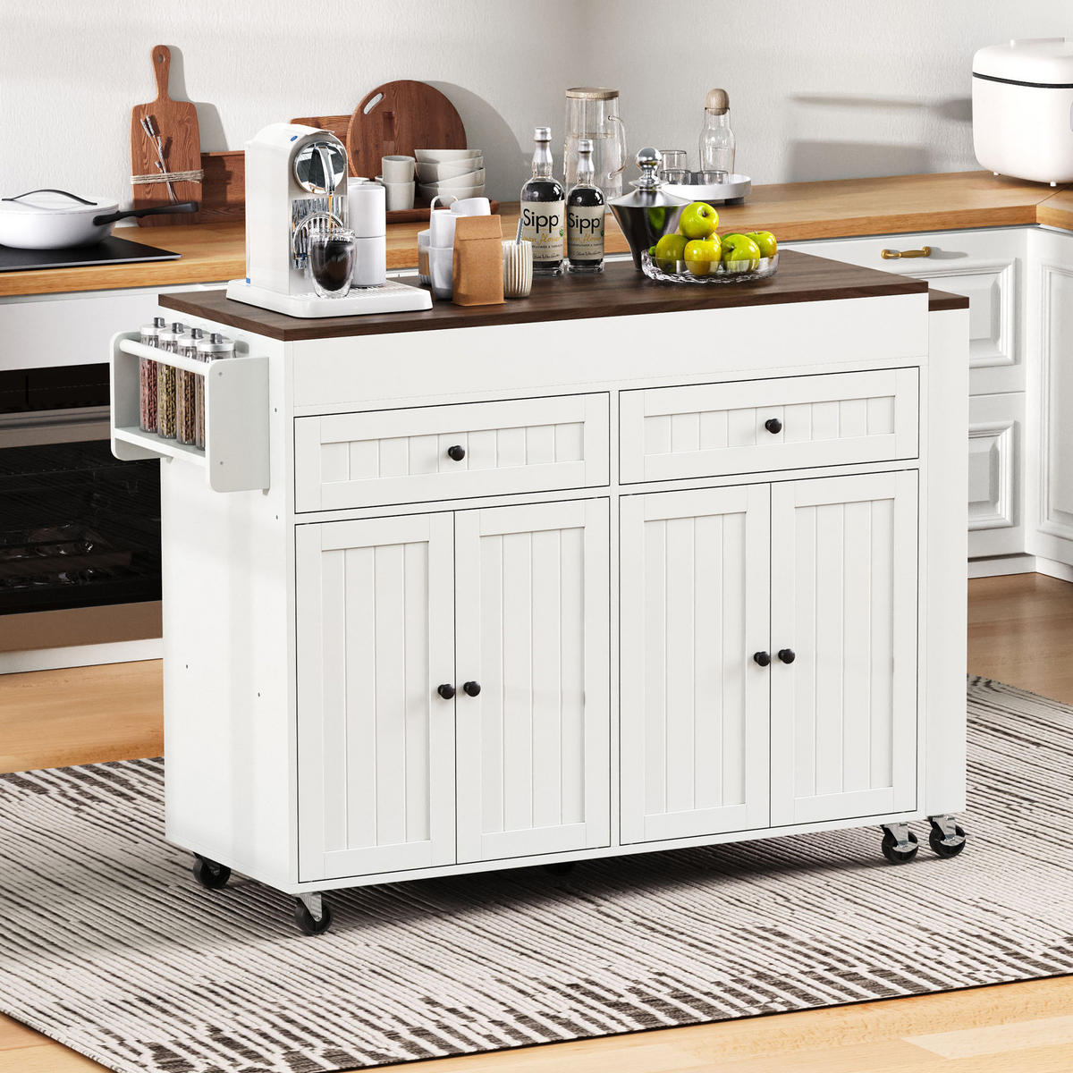 KÜCHENINSEL 112-180.5x45x92.2 cm Weiß mit Ausziehplatte & Rollen - Weiß, Holzwerkstoff (180.5/92.2/45cm) - Modfu