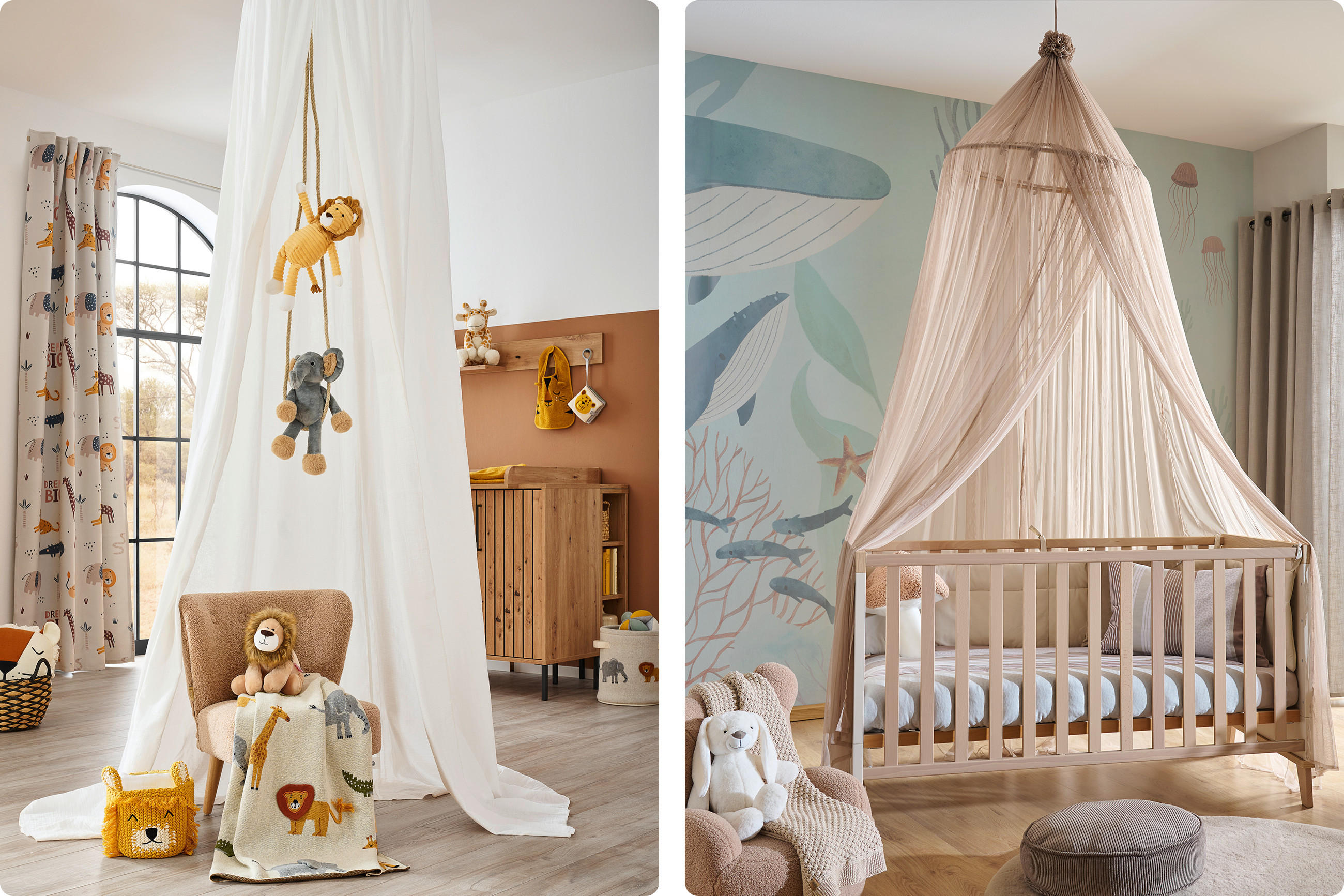 Kinderzimmer mit hölzernem Babybett und weißem Moskitonetz sowie Stofftieren und Vorhängen mit Tiermotiven.