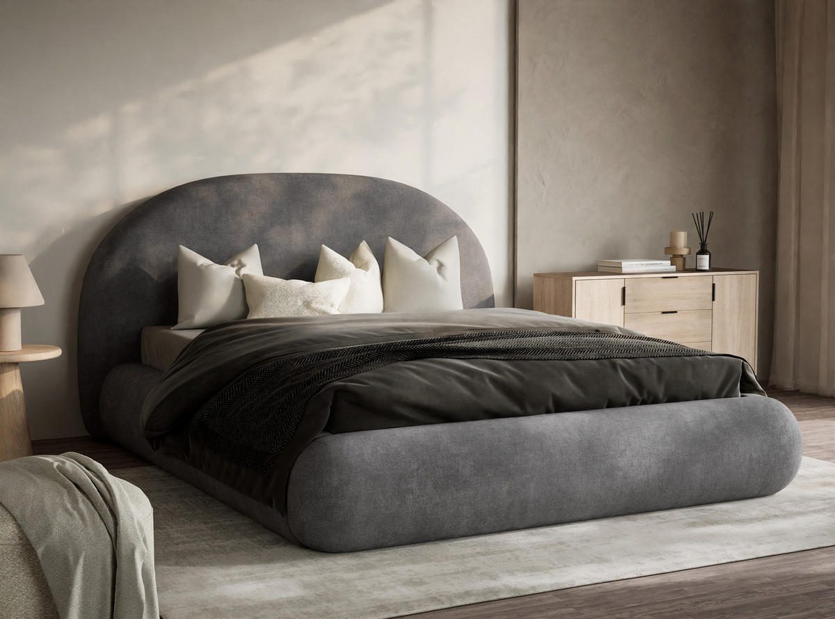 POLSTERBETT Maumere Grau 160/200 cm im Chenille-Stoff - Schwarz/Naturfarben, Holz/Holzwerkstoff (160/200cm) - Maison de Reve