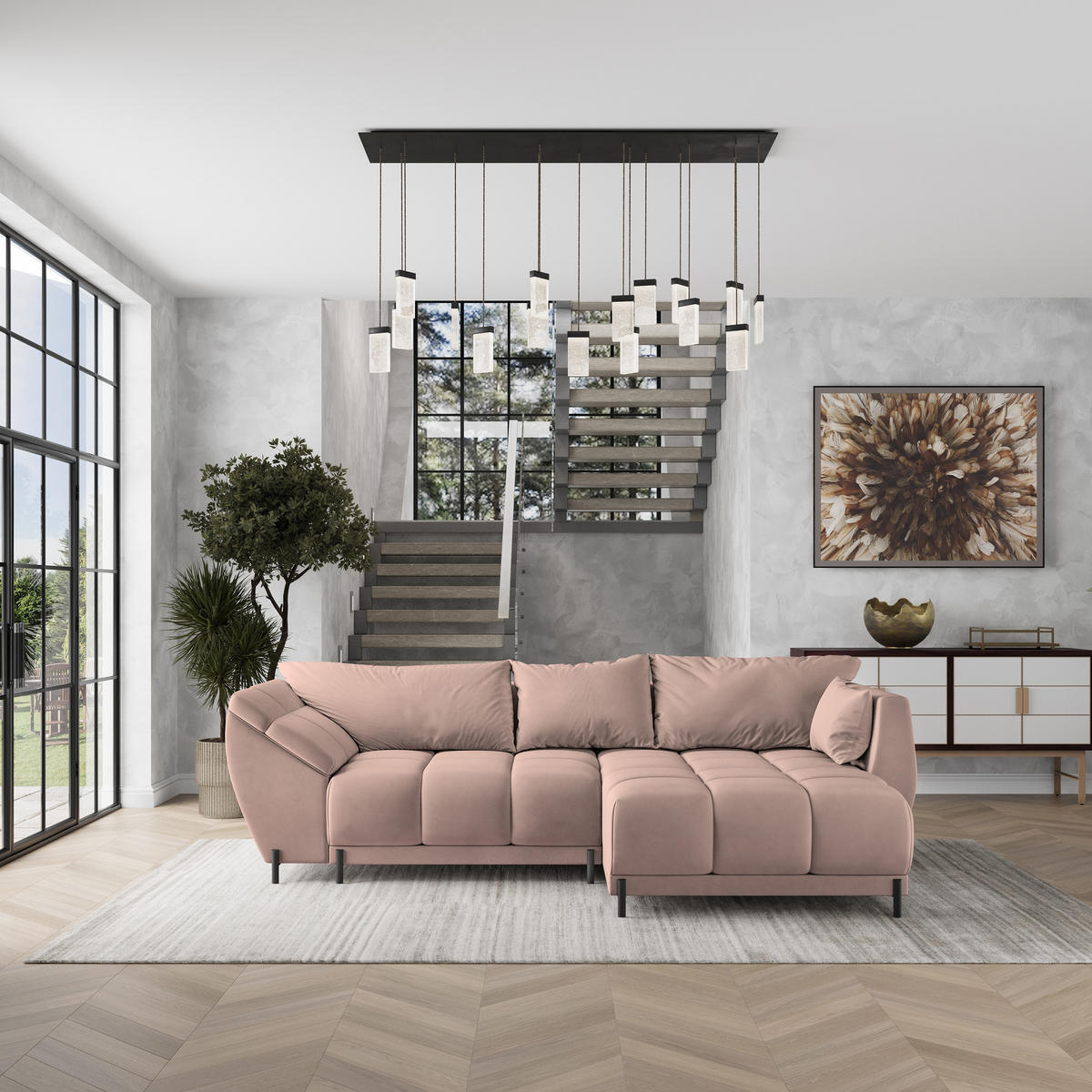 ECKSOFA VESTANO R-S Rosa Velours-Stoff mit Schlaffunktion - Rosa, Holz (287/182cm) - MASSENO