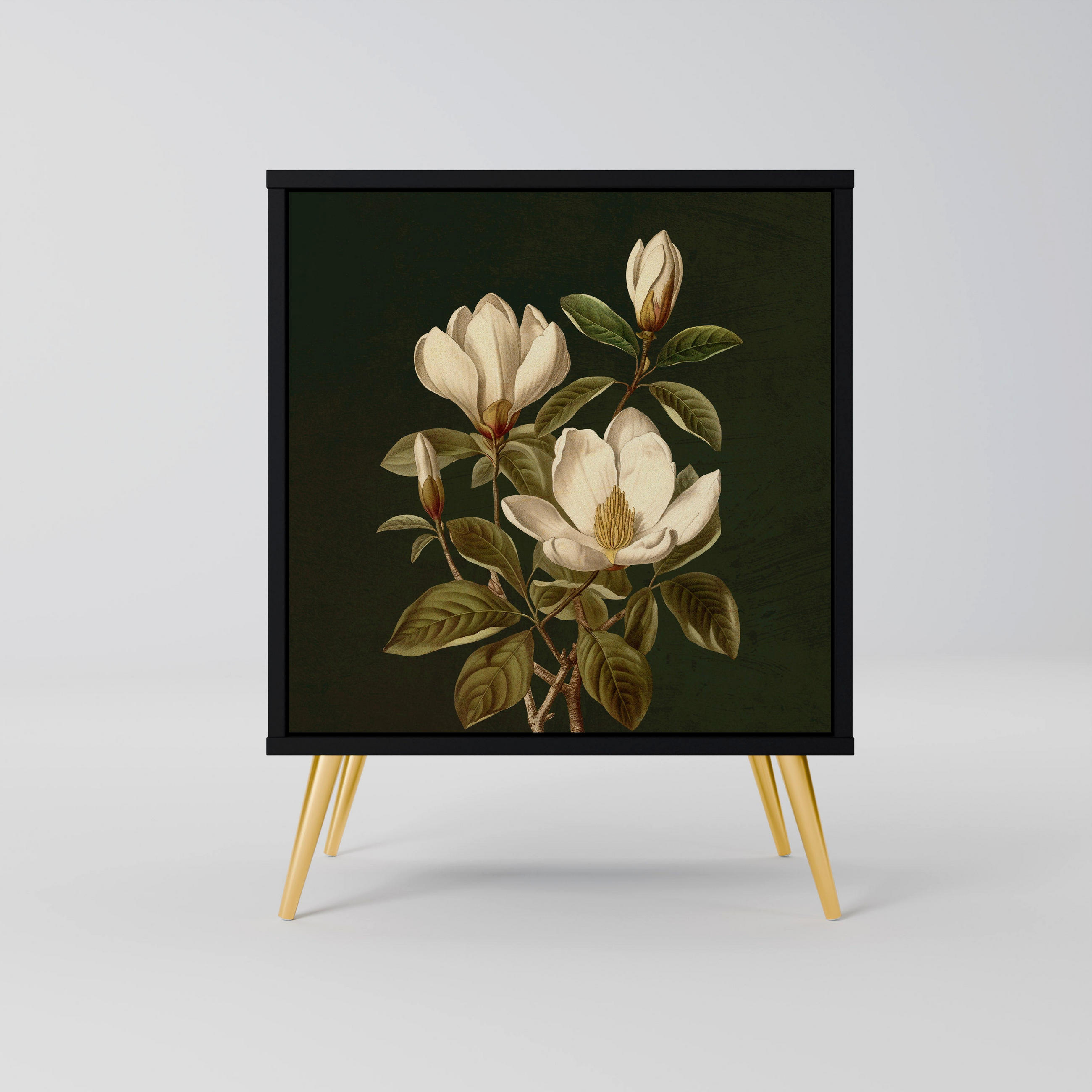 SIDEBOARD FLORAL NOIR, Schwarz, 57,5x42x75,5 cm, Goldfarbene Metallfüße - Goldfarben/Multicolor, Holzwerkstoff/Metall (57.5/75.5/42cm) - SpaceRebels