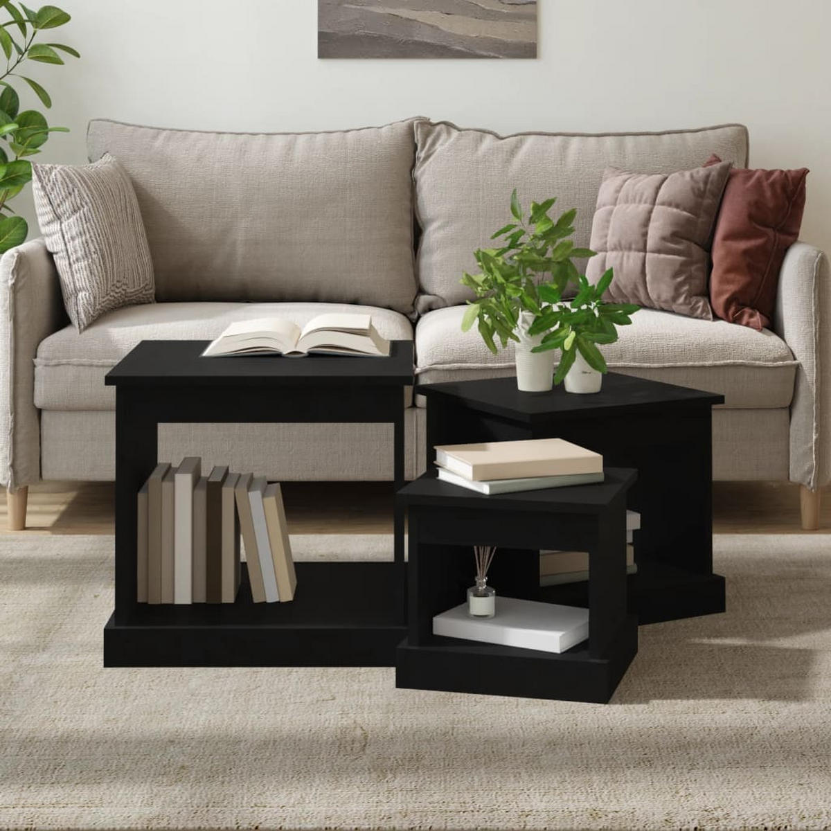 COUCHTISCHE 3 Stk. Schwarz Holzwerkstoff - Schwarz, Holzwerkstoff (48/45/45cm) - furnicato