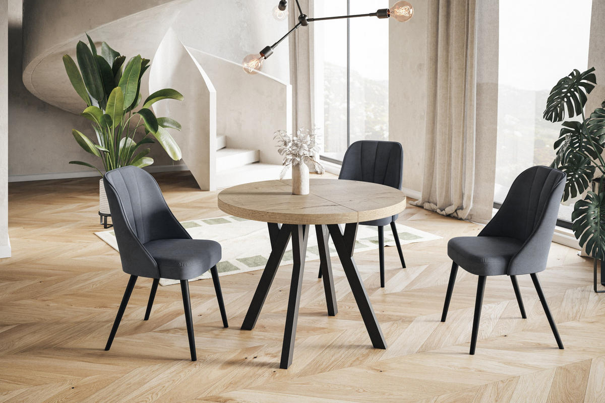 ESSZIMMERTISCH OVO, ausziehbarer Tisch 90 cm bis 190 cm, Farbe: HALIFAX, mit Holzbeinen in Farbe Schwarz - Schwarz/Naturfarben, Holzwerkstoff (90/90/77cm) - Alpi-Möbel