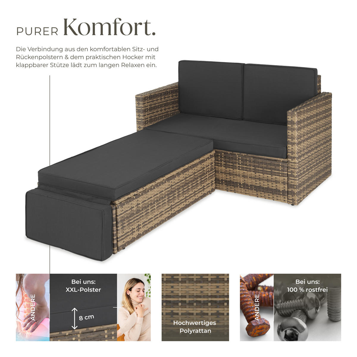 RATTANLOUNGE Korfu,Hocker mit klappbarer Stütze,natur - Naturfarben, Kunststoff - tectake