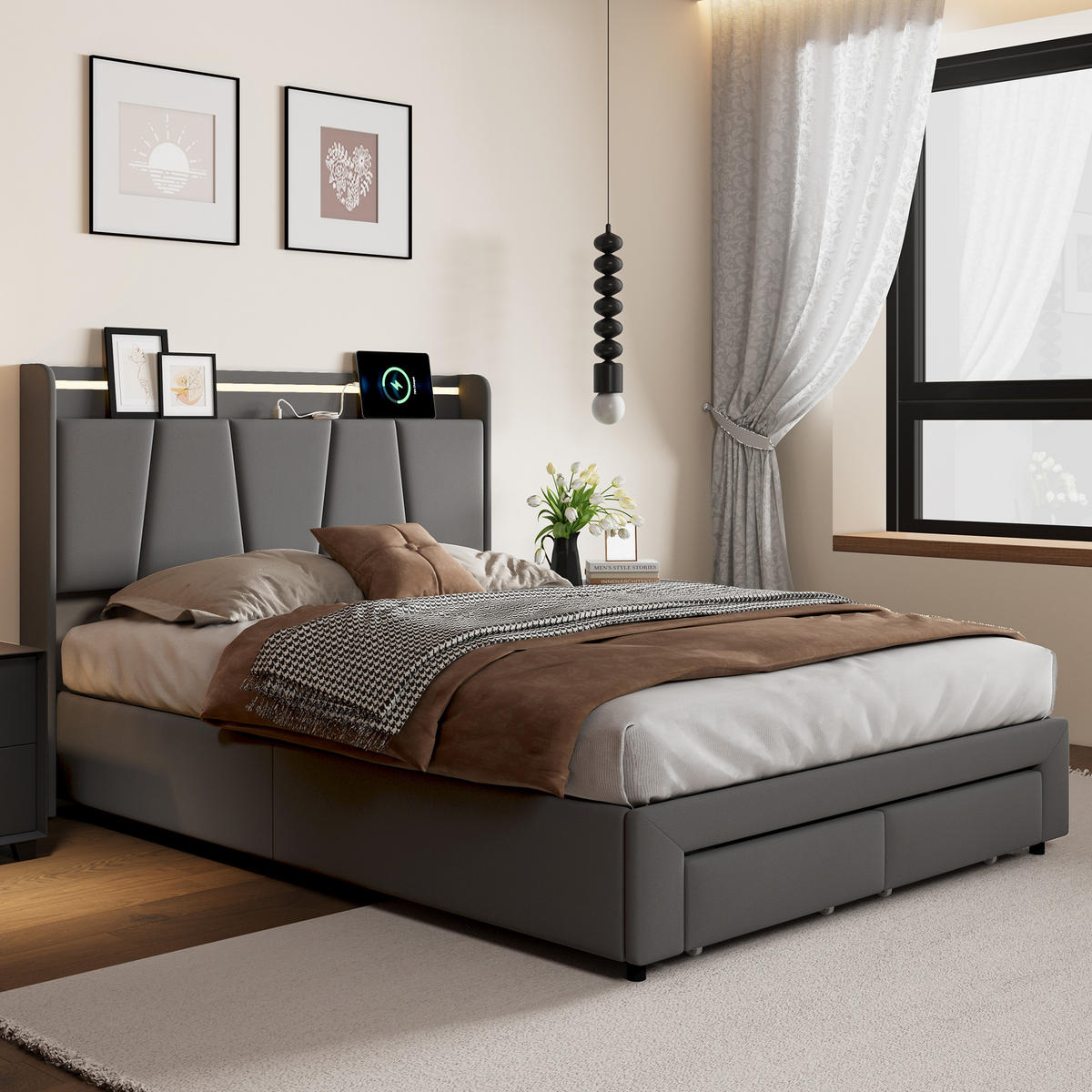 POLSTERBETT Schubladenbett Grau 140x200 cm mit 2 Schubladen - Grau, Holz/Metall (140/200cm) - PARAFTA HOME