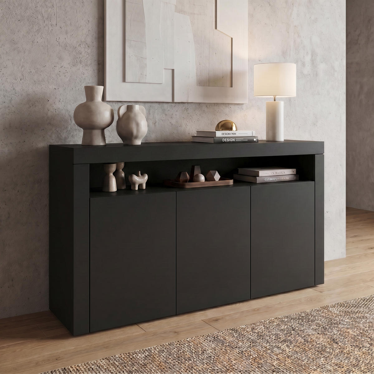 SIDEBOARD Valencia Schwarz matt - Schwarz, Holzwerkstoff (155/92/40cm) - Vladon