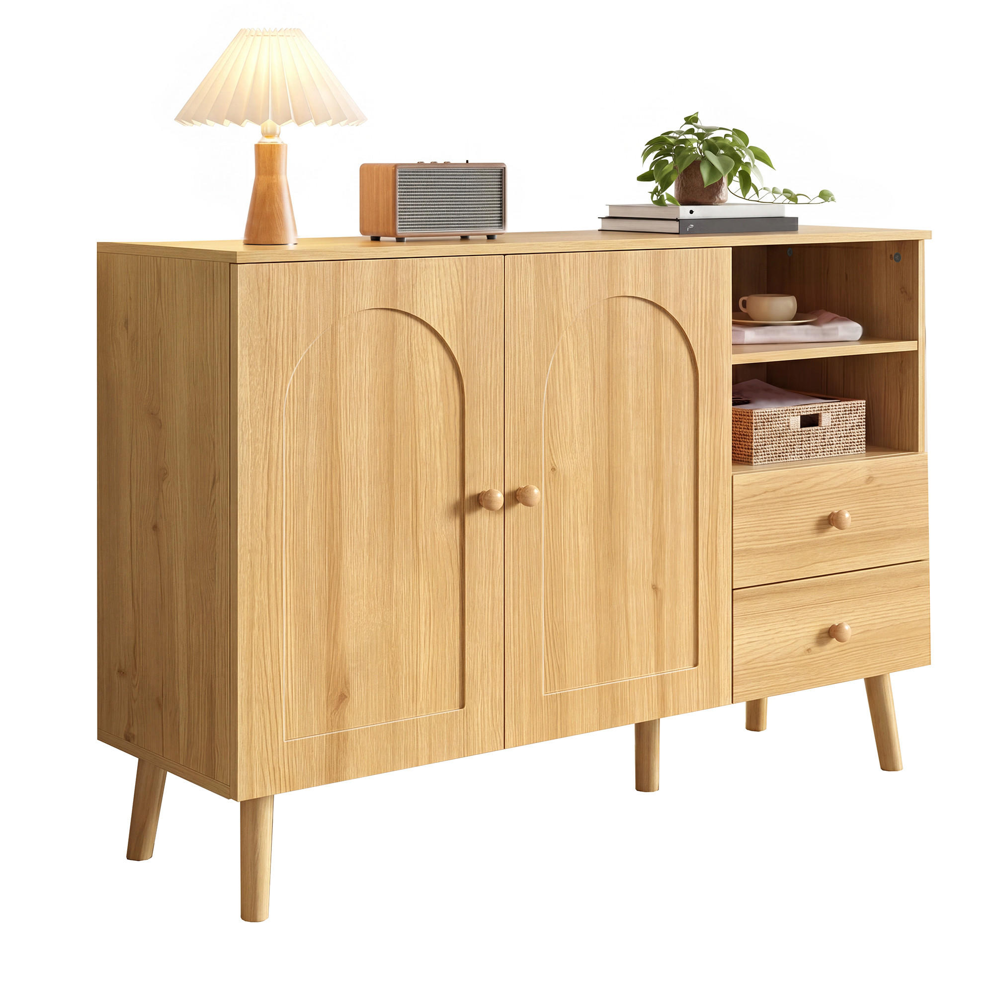 SIDEBOARD Gewölbte Türen Holzfüße 2 Schubladen 2 Fächer Modern - Naturfarben, Holzwerkstoff (118/82/35cm) - FLIEKS