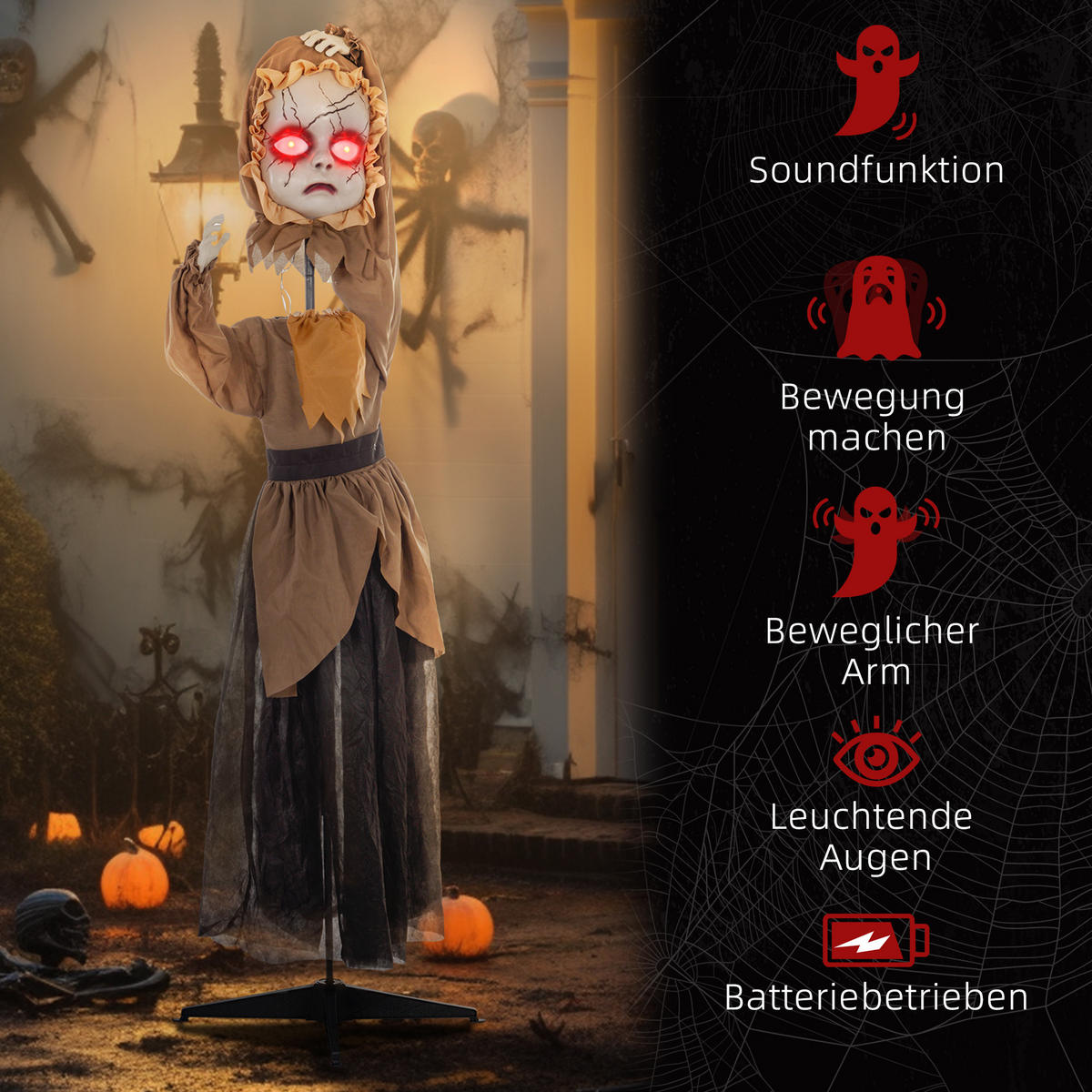 HALLOWEEN-DEKORATION Horrorpuppe 160 cm mit roten Augen, Geräuschaktivierung - Schwarz, Textil (18/160/60cm) - HOMCOM